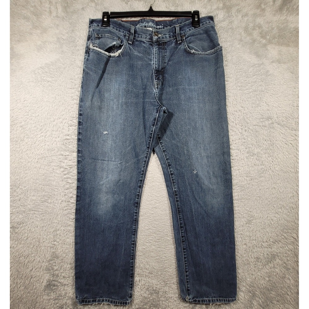 Eddie Bauer Jeans Mens 36x32 Blue Straight Leg Distressedโ *